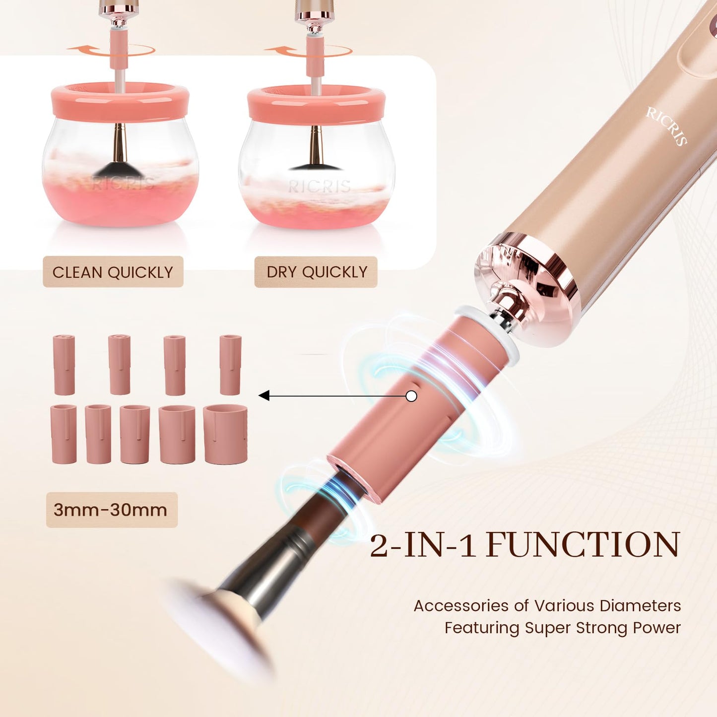RICRIS Electric Makeup Brush Cleaner and Dryer Machine - Super Fast Clean and Dry Make Up Brushes - Automatic Cosmetic Brush Spinner Washer Tools