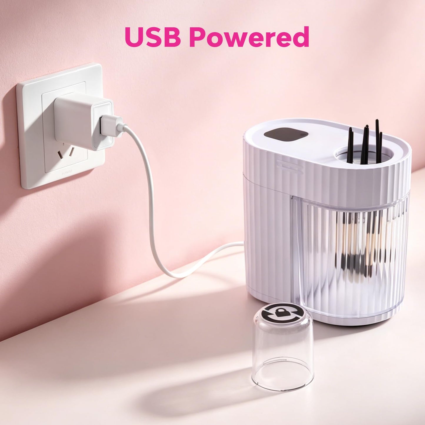 Electric Makeup Brush Cleaner Machine, 3-IN-1 Automatic Cleaning & Fast Drying, 1200RPM High-speed Spinning, Adjustable Timer, LED Display, 7 Slots for All Brush Sizes, USB Powered, Pure White