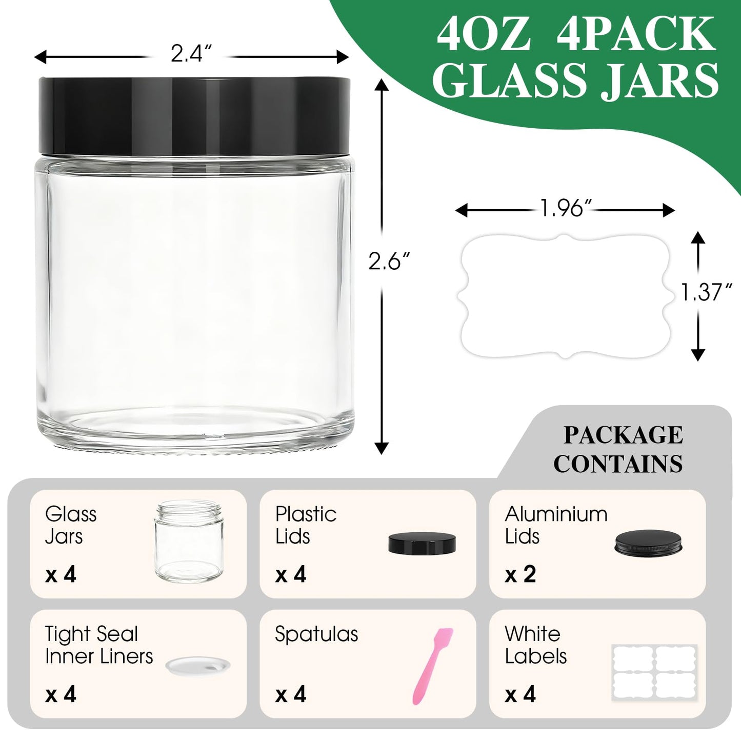 4 oz Glass Jars with Lids, 4 Pack Clear Small Glass Jars with Black Lids Leakproof Airtight Empty Cosmetic Travel Containers with Inner Liners For Lotions Body Scrub, Candle Making