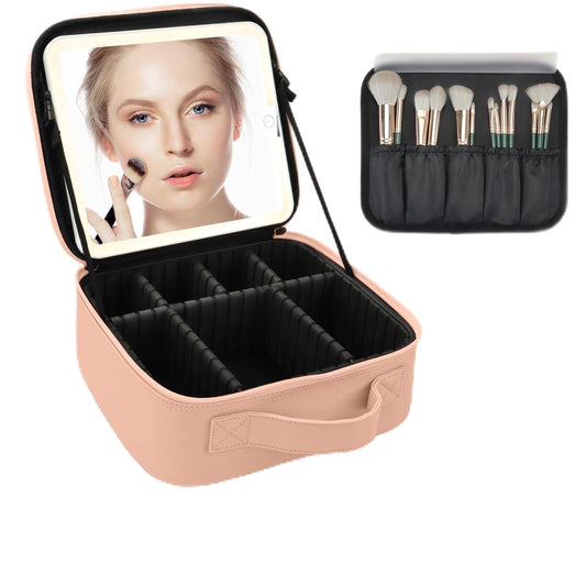 MORMID Makeup Bag with Led Mirror,Large Vanity Makeup Cases with 3 Color Setting,Portable Storage and Adjustable Dividers,for Women and Makeup Artists Cosmetic Organizer Travel Makeup Bag-Khaki