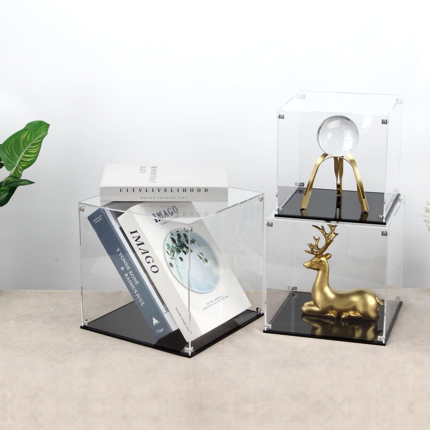 Kcgani Clear Self-Assembly Acrylic Boxes for Display, Transparent Display Case with Black Base and Lid, Cube Countertop Storage Boxes Glass Case for Collectibles Models Doll Boy Figurine, 9x9x9Inch