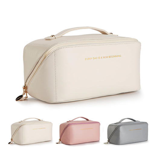 DOMAT Travel Makeup Bag For Women,Quality Waterproof Toiletry Bag,Huge Storage Space Cosmetic Bag,Multi-Functional Travel Makeup Organizer With Mirror.(Creamy white)