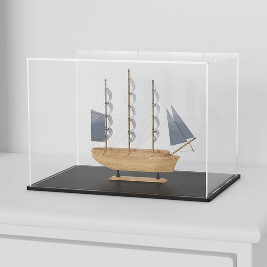HEMYLU Acrylic Box with Matt Black Base, Simple Self-Assembly Clear Acrylic Display Case, 16x8x8 inch Showcase with Lid for Model Cars and Long Narrow Collections