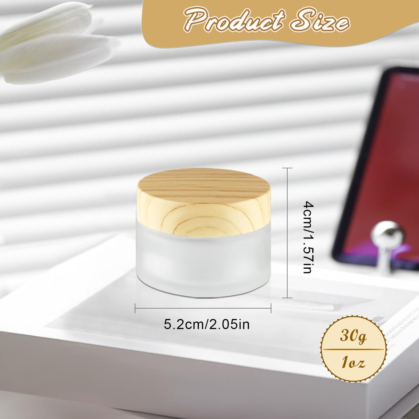 12 Pcs Frosted Glass Cream Jars Refillable Cosmetic Containers Sample Jar with Plastic Wood Grain Lids for Lotion Cream Eyeshadow - 30g/1oz