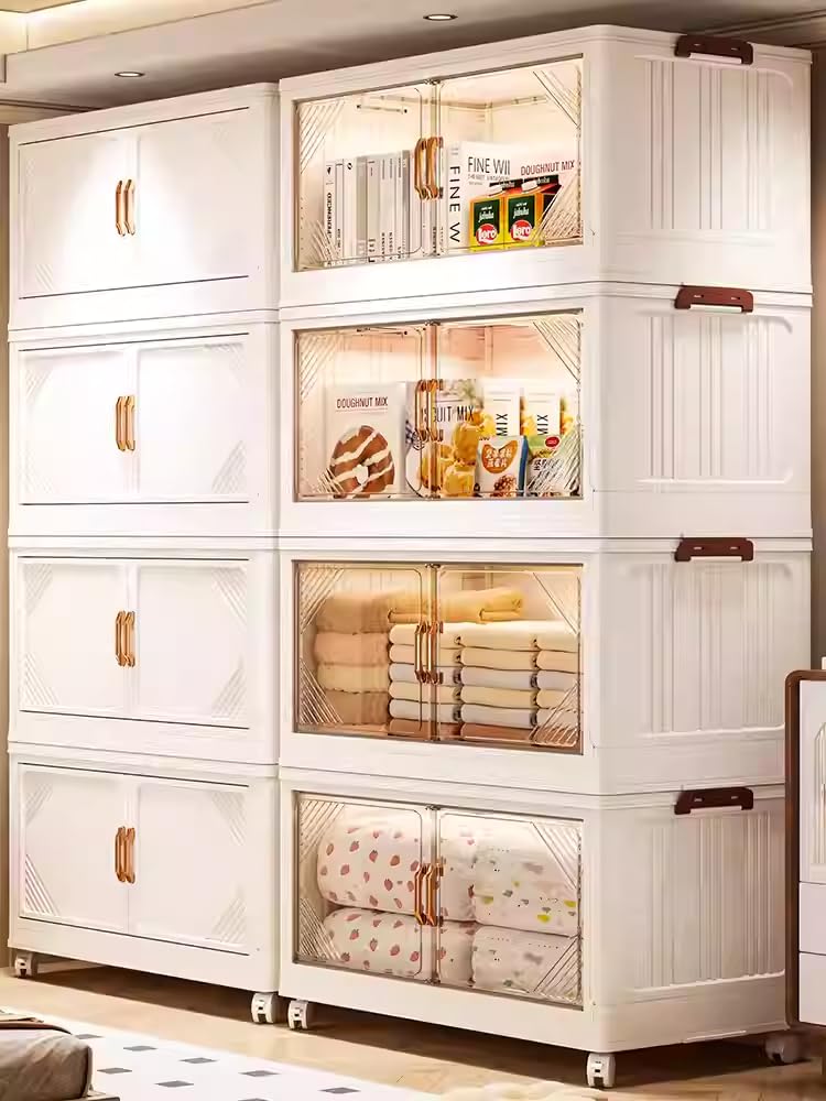 TIRUSS 25" Wide 4-Tier Rolling Storage Bins with Lids,383QT Collapsible Stackable Storage Cabinet with Wheels,Foldable Closet Organizers,Plastic Storage Drawers for Home, Bathroom, RV Essentials