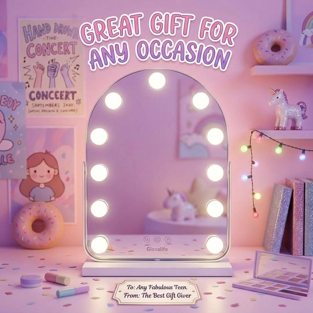 Glovalife, Arched Vanity Mirror with LED Lights, Hollywood Beauty Mirror, X15 Magnification, 11 Bulb, 360 Rotation, smart Touch Control 3 Colors Lighting, Table Desk Mirror, 12.6" x 17.3"