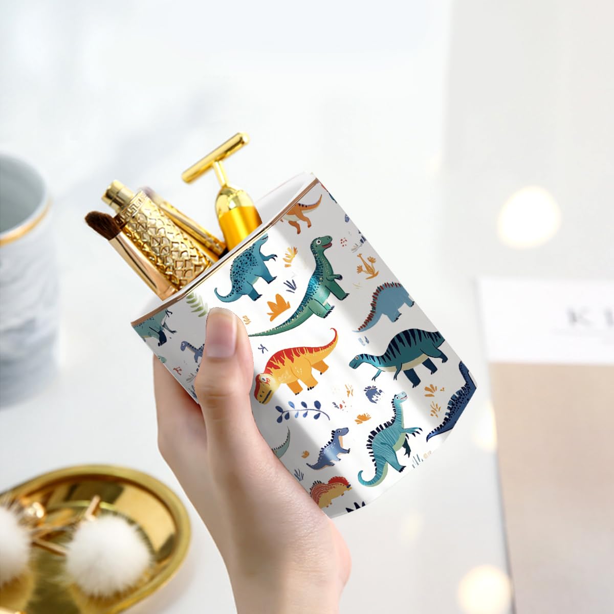 WAVEYU Cute Pen Holder, Pencil Cup for Desk, Desk Organizer, Durable Ceramic Decorative Makeup Brush Desktop Accessories, Stylish Stationery for Office, Home, Cute Dinosaur Pattern