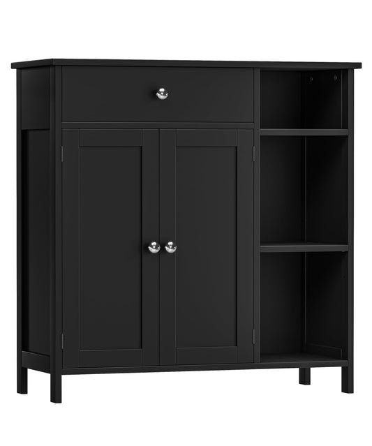 Keehusux Black Bathroom Floor Cabinet with Large Drawer, Floor Storage Cabinet with Doors & Adjustable Shelves, Modern Storage Cupboard with 3 Open Shelves for Kitchen, Living Room, Entryway
