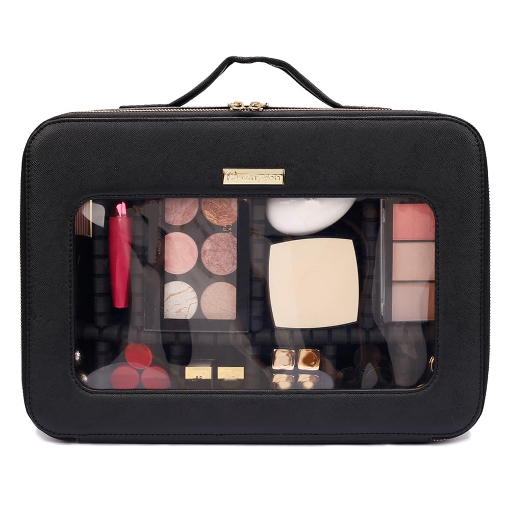 ROWNYEON Large Makeup Train Case Travel Clear EVA Makeup Bag Organizer Visible Waterproof TPU 16.1" Cosmetic Bag for Women