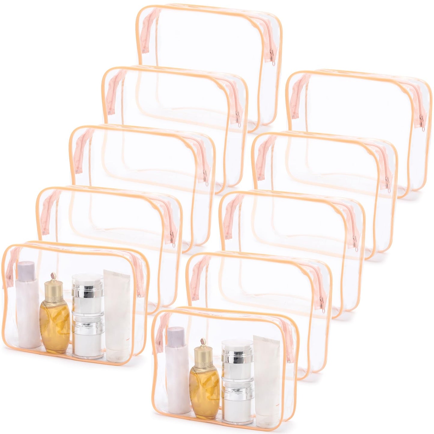 Tbestmax 10 Pack Clear Cosmetic Bags Makeup Bags Portable Waterproof TSA Approved Travel Toiletry Bags Large Organizer Peach Pink, 9.8" x 7.1" x 2.4"