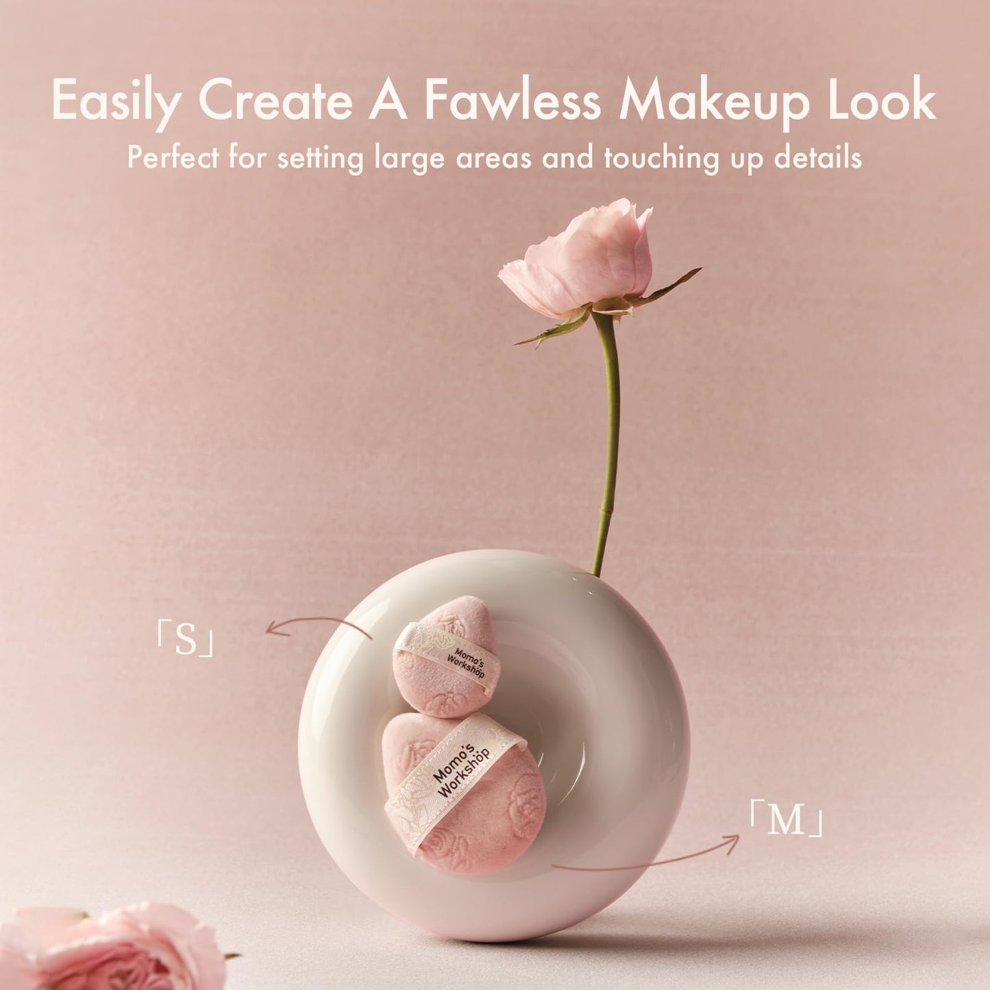 Momo's Workshop Pink Velvet Powder Puffs, Laser-Cut Rose Design, Dual-Sided, Travel Size & Wide M Size for Pressed Powder, Blush & Contour,5pcs Plush Puffs & Storage Case