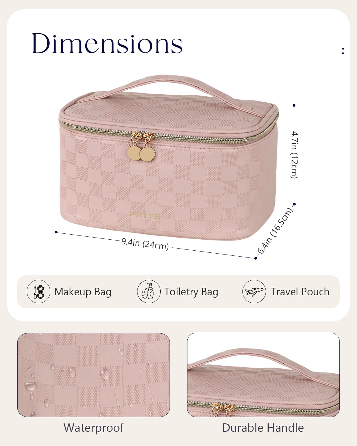 Prite Makeup Bag, Large Capacity Cosmetic Bag for Women and Girls, Waterproof PU Leather Travel Case with Handle, Divider for Skincare and Brushes - Checkered Pink