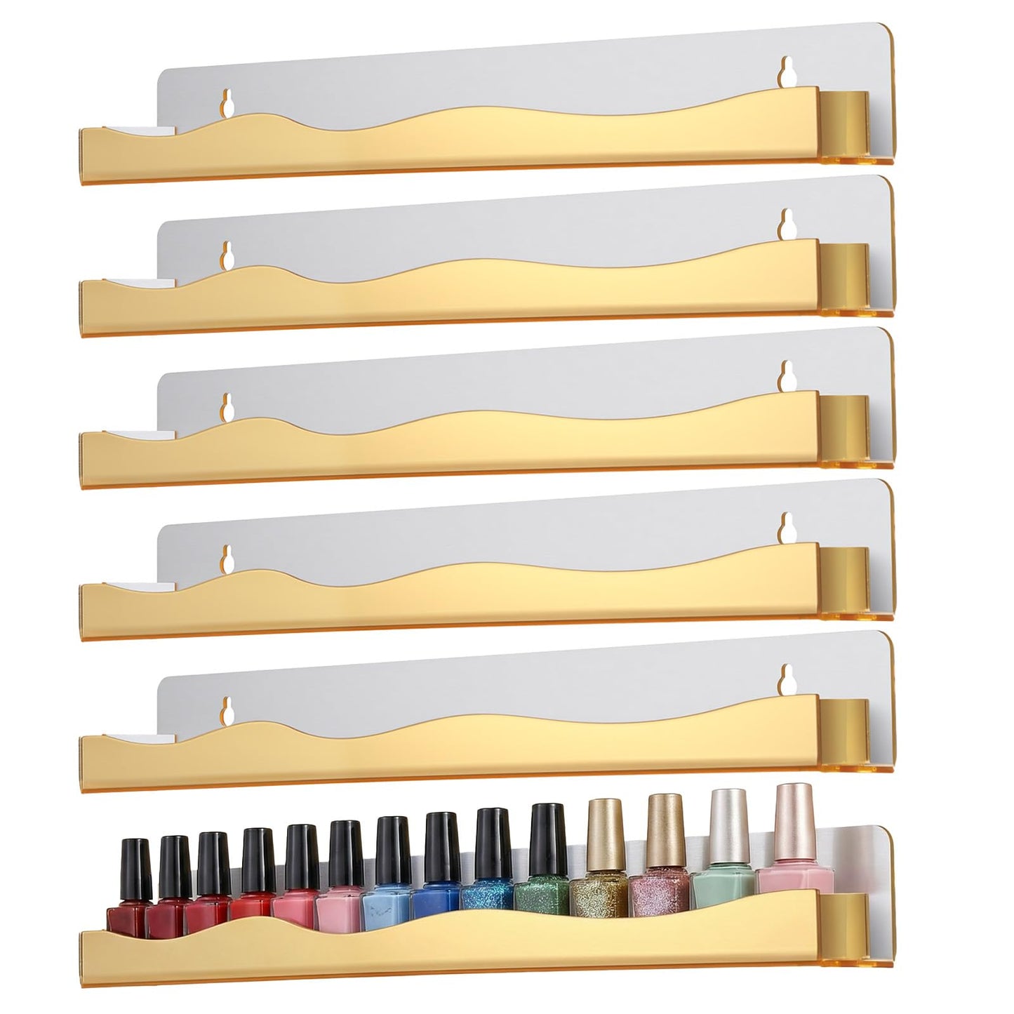 KongTiva 6 Pack Wall Mounted Nail Polish Organizer Rack, 15 Inch Gold Mirror Nail Polish Shelf with Stopper Multi-Purpose Shelf for Essential Oils Cosmetics Storage Display Rack for Salon Bathroom