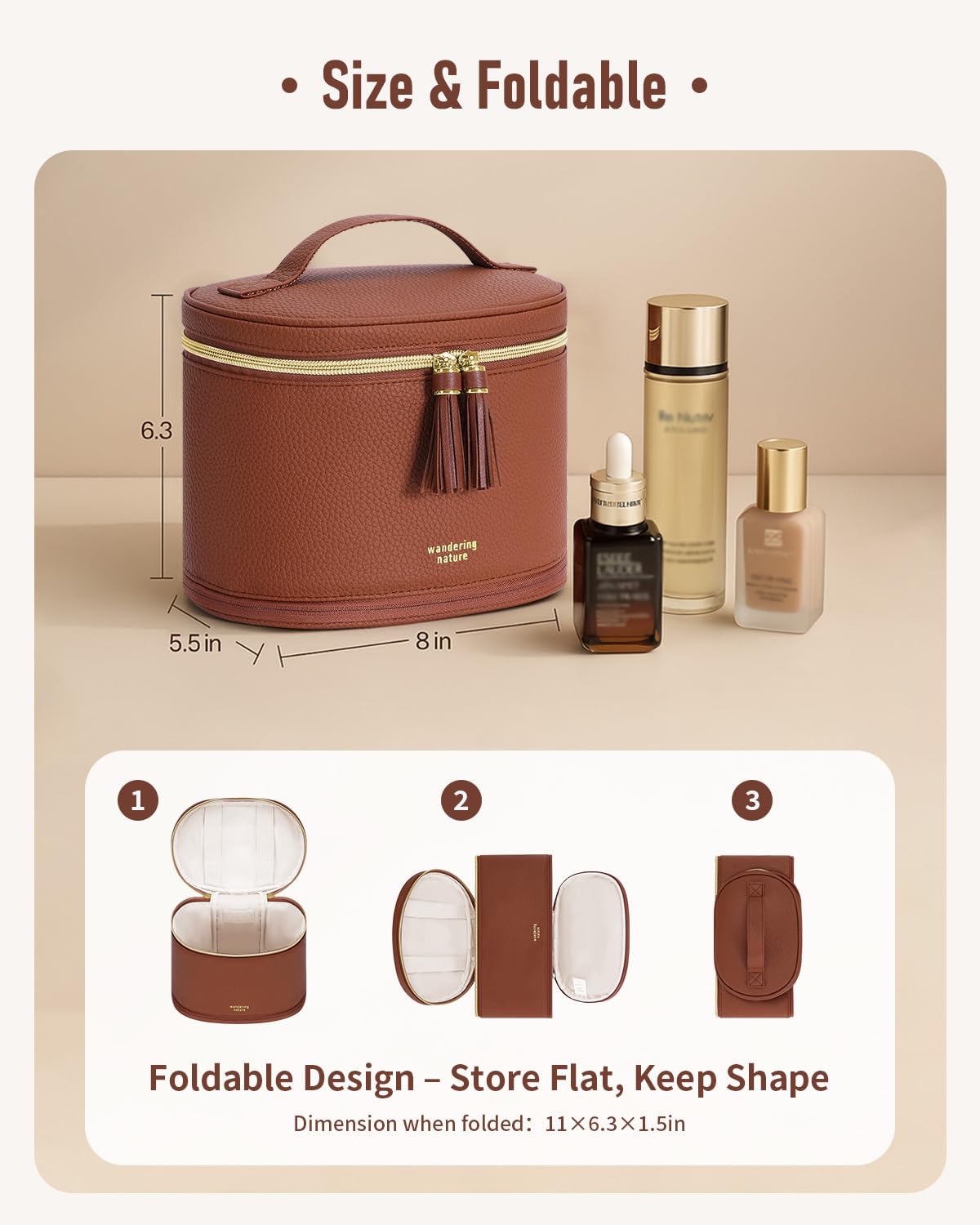 Wandering Nature Travel Makeup Bag for Women, Structured Vanity Case with Wipe-Clean EVA Interior & Removable Divider, Brush Loops, Fold-Flat PU Leather Makeup Case with Handle