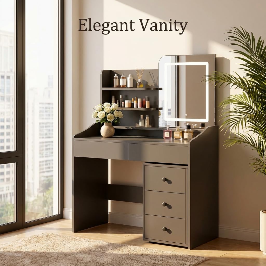 Oiroporz Vanity Desk with LED Mirror, Movable Cabinet, 5 Drawers & Open Shelves, 3-Color Adjustable Lighting for Bedroom
