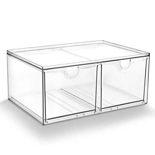 Prsildan Stackable Clear Makeup Organizer Acrylic Storage Drawers with 2 Drawers for Vanity Bathroom Office Desk Modular Drawer System for Cosmetics Jewelry Toiletries Home Organization