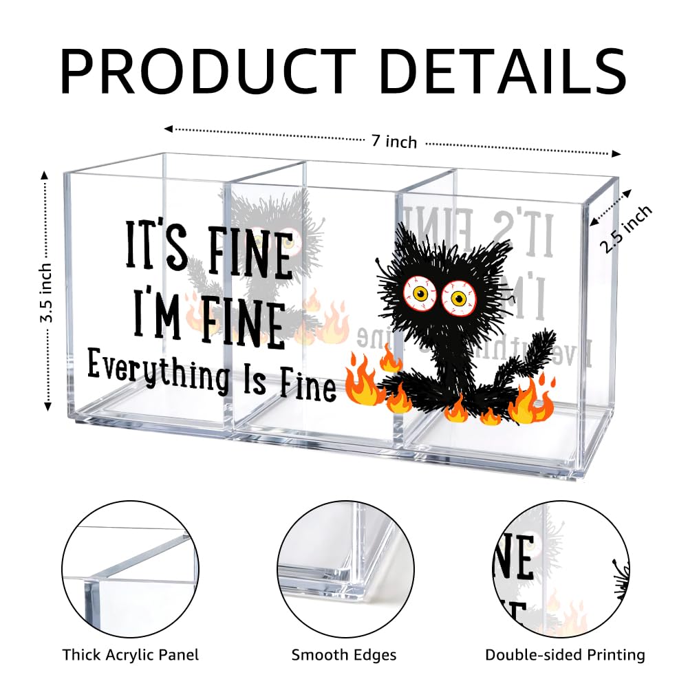 UAKXOIF It's Fine 3 Compartment Acrylic Makeup Organizer & Pen Holder, Black Cat Cosmetic Storage Box for Lipstick Brushes Skincare, Desk Organizer for Office School Vanity, Office Gifts for Coworker