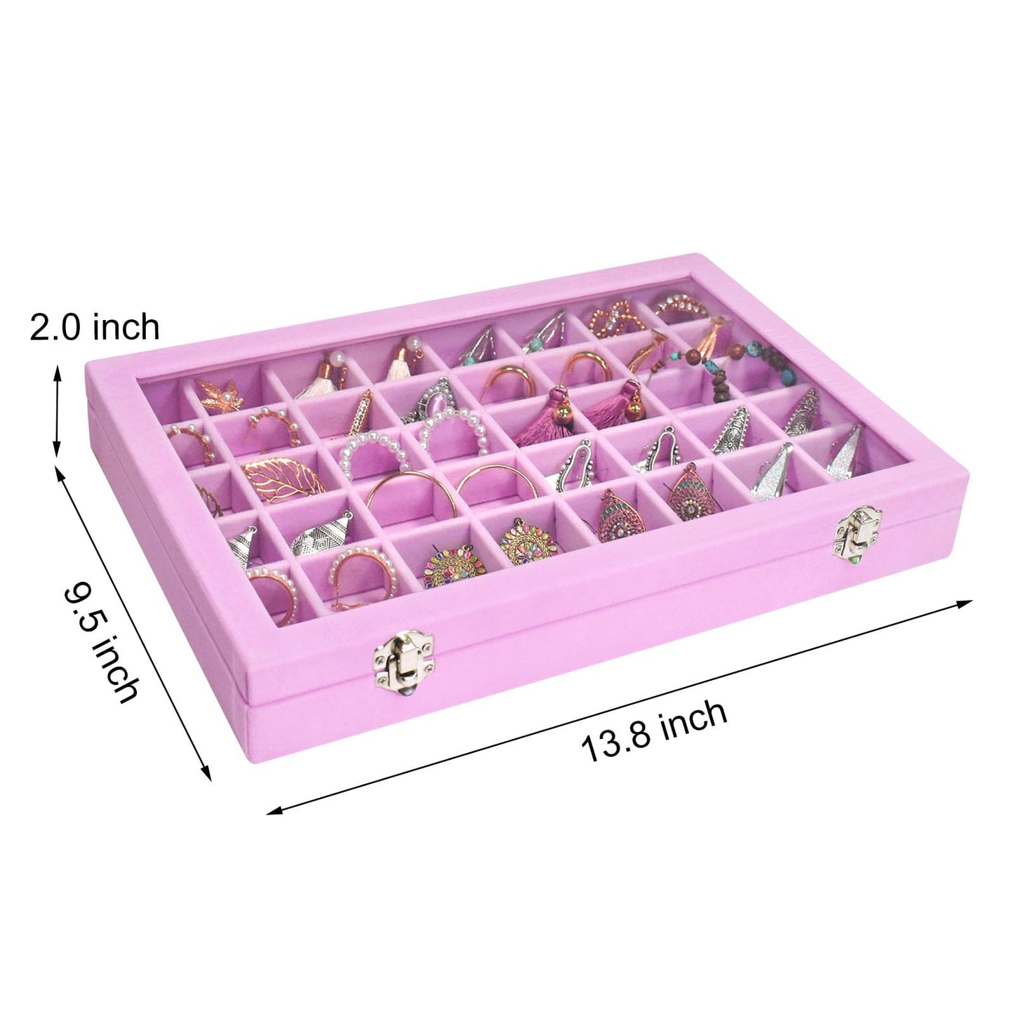 Siveit Velvet Jewelry Tray 48 Grid Jewelry Display Tray Organizer Box with Transparent Lid Rings Earrings Necklaces Pendants Display Box Suitable for Women and Girls (Pink)