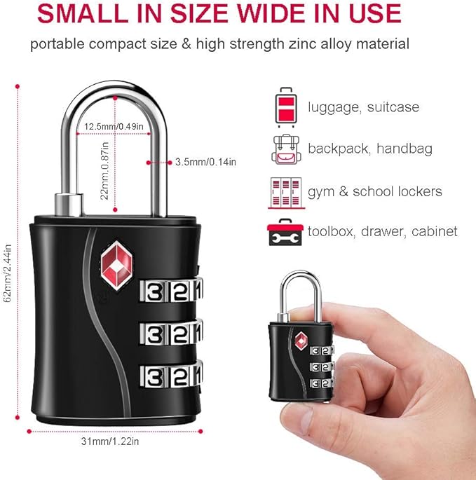ZHEGE Suitcase Locks TSA Approved, 3 Digit Luggage Locks with Flexible Cable (30 in) for Travel, School & Gym Locker (Black, 2 Pack)