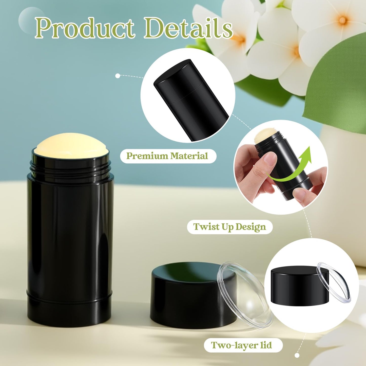 Teenyyou 50 Pcs 30 ml Empty Deodorant Containers Twistup Filling Stick Plastic Deodorant Container Refillable Bottles Bottomfill Round Lip Balm Tubes Cylinder for DIY Lip Balm (Black)