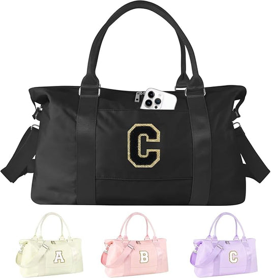 Dance Gym Duffel Bag for Teen Girls, Personalized Initial Travel Weekender Bag,Cute Overnight Carry On Duffle for Women,Sports Travel Cheer Bag,Monogram Christmas Gifts for Tween Preppy(black-C)
