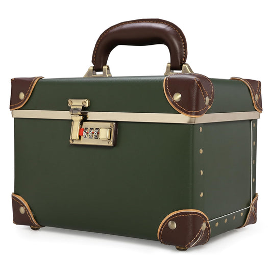 urecity Vintage Makeup Train Case with Metal Combination Lock, Green Artificial Leather, Professional Cosmetic Organizer Storage Box with Striped Interior
