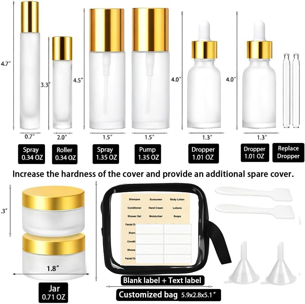 18Pack Glass Travel Bottles for Toiletries, TSA Approved Glass Travel Containers 1.35/0.7/1 oz Golden Small Travel Bottles with Label, BPA Free Leak Proof with Pump Spray Bottles for Makeup, Skincare