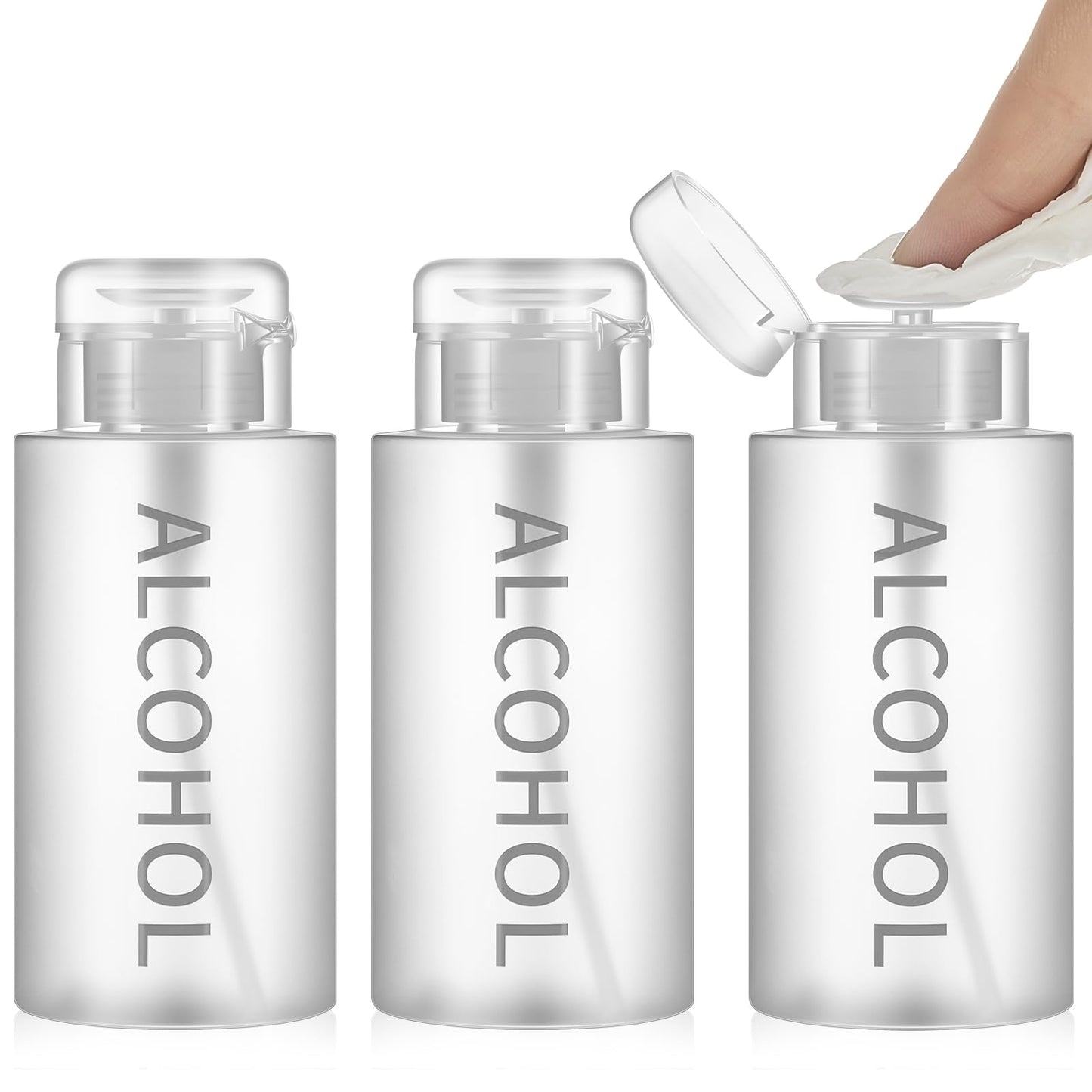 Layhit 3 Pcs 10 oz Alcohol Pump Dispenser Bottles Alcohol Push Down Liquid Dispenser Empty Pumping Bottle Refillable Cosmetic Container for Personal, Salon, Nail Care (Clear Cap + Frosted Bottle)