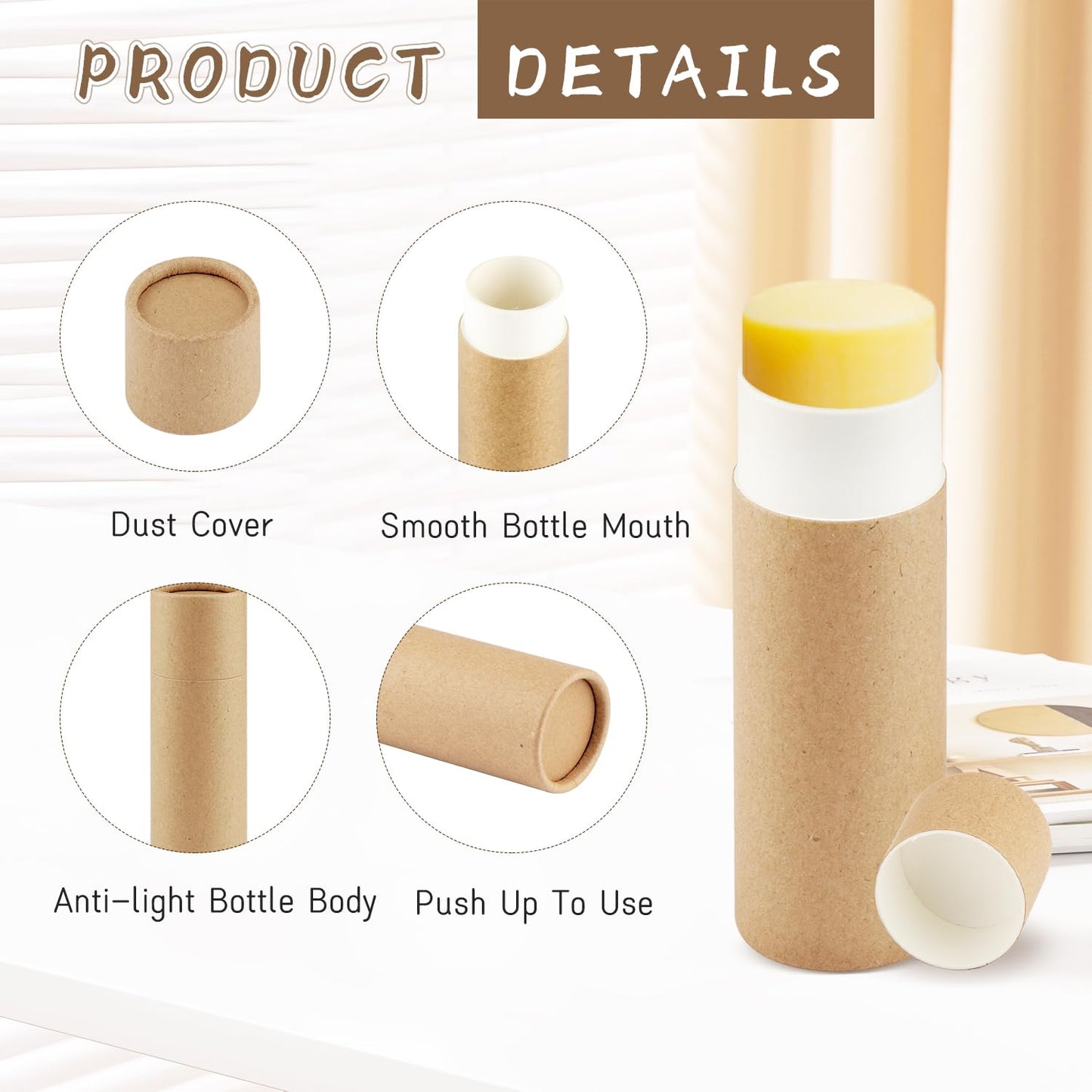 DynnnDy 25Pcs 7g Empty Brown Paper Lipbalm Tubes Round Push-Up Paperboard Lipstick Containers for Solid Perfume Ointment Deodorant Lotion Stick Sample