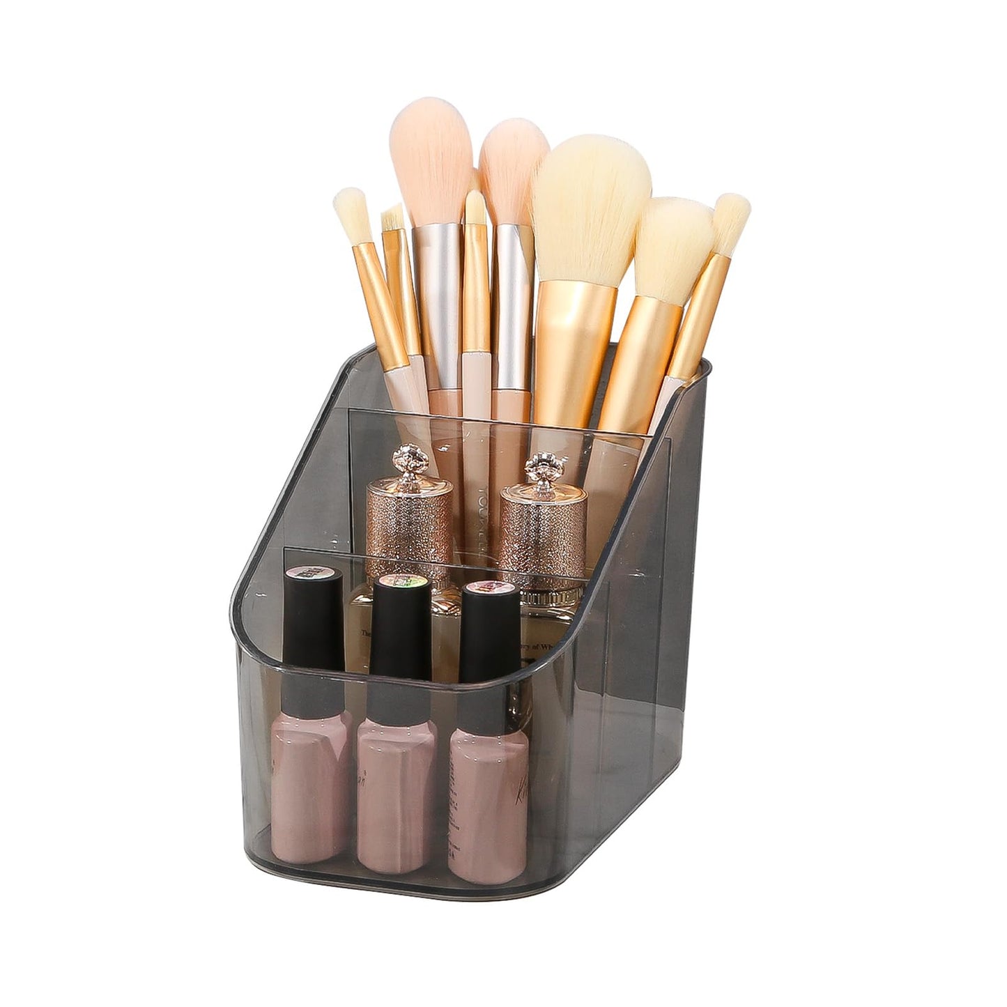 DASITON 3 Slots Makeup Brush Holder, Acrylic Make Up Brush Holder Organizer for Vanity, Bathroom Countertop, Small Makeup Organizer Brush Cup Cosmetic Brushes Storage, Pen Holder for Desk (Grey S)