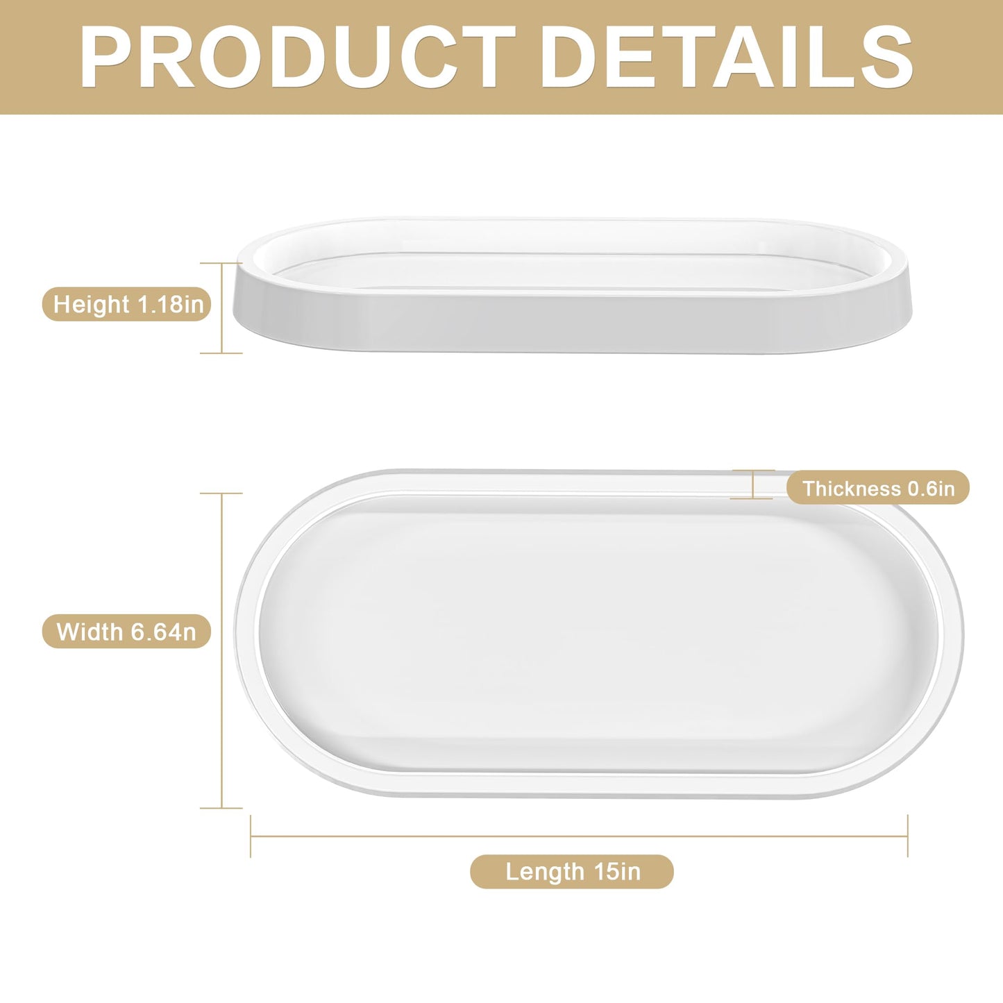 QOLyabnbn 15" Bathroom Counter Tray,Vanity Tray,Decorative Tray,Perfume Tray,Jewelry Tray, Coffee Table Tray,Soap Tray, Thickened Small Tray for Makeup,Perfume,Candles,Keys,Trinkets,White,1 Pack