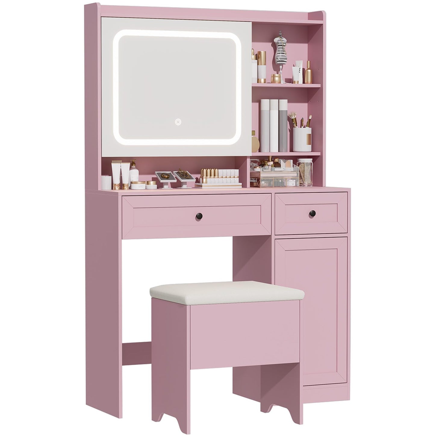 Hogxp Vanity Table with Hidden Storage & LED Mirror - Includes Padded Stool, 5 Compartments, 2 Drawers & 1 Storage Cabinet - Ideal Bedroom Makeup Dressing Table Pink