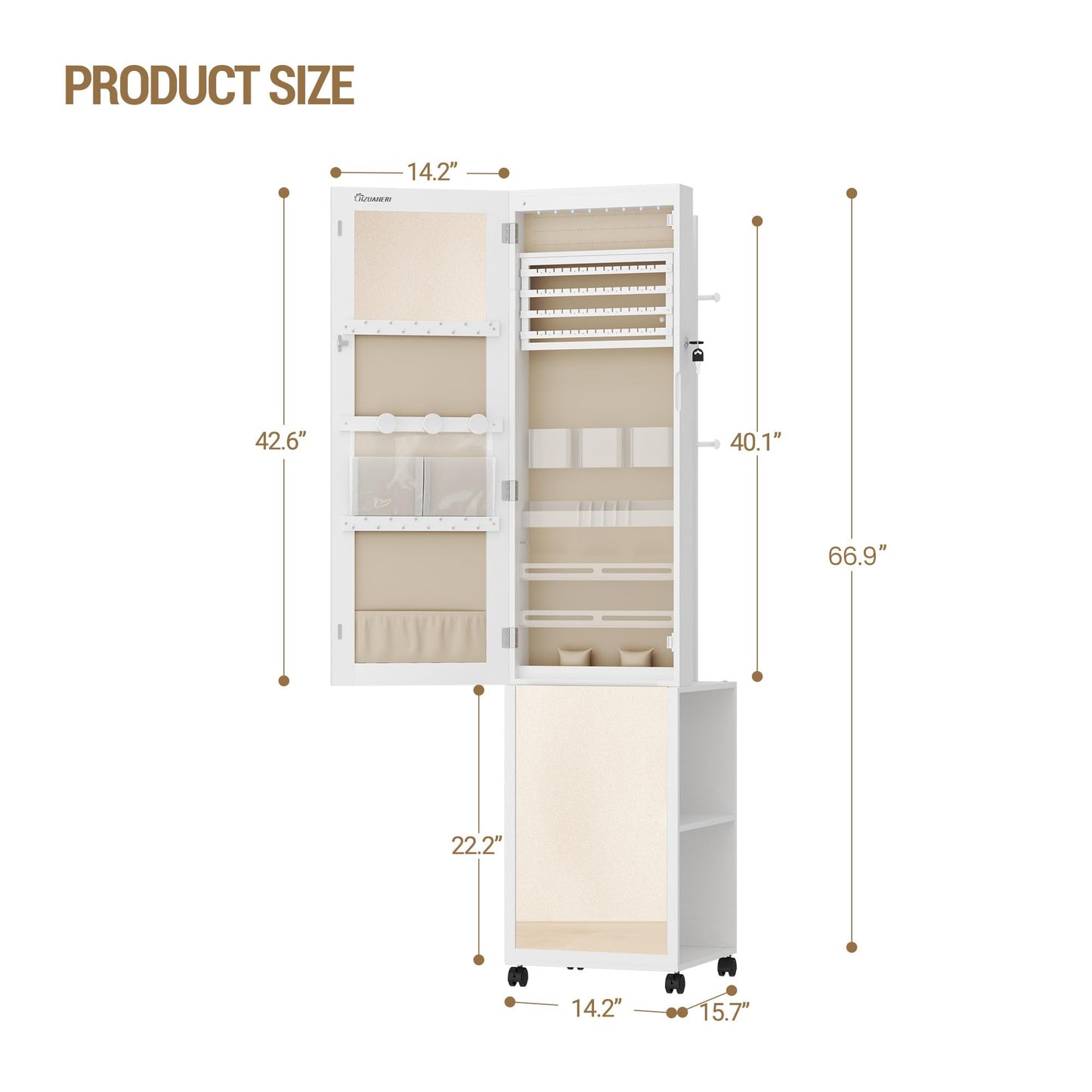 Hzuaneri 8 LEDs Jewelry Cabinet Armoire, 66.9-inch Jewelry Organizer with Garment Rack, Lockable Full-length Mirror with 4 Wheels, Storage Shelves with Hooks, 5-in-1, White and Beige JC17003BE