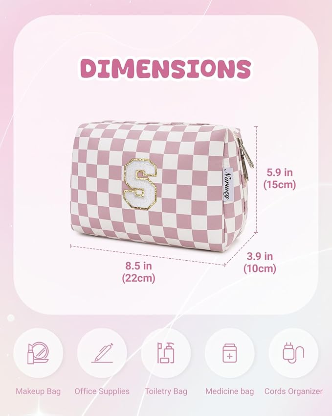 Narwey Birthday Gifts for Teen Girls Kids Women Personalized Initial Checkered Makeup Bag Pink Monogram Cosmetic Bag Trendy Stuff 6 8 10 11 12 13 14 16 18 Years Old Travel Toiletry Bag (Dusty Rose S)