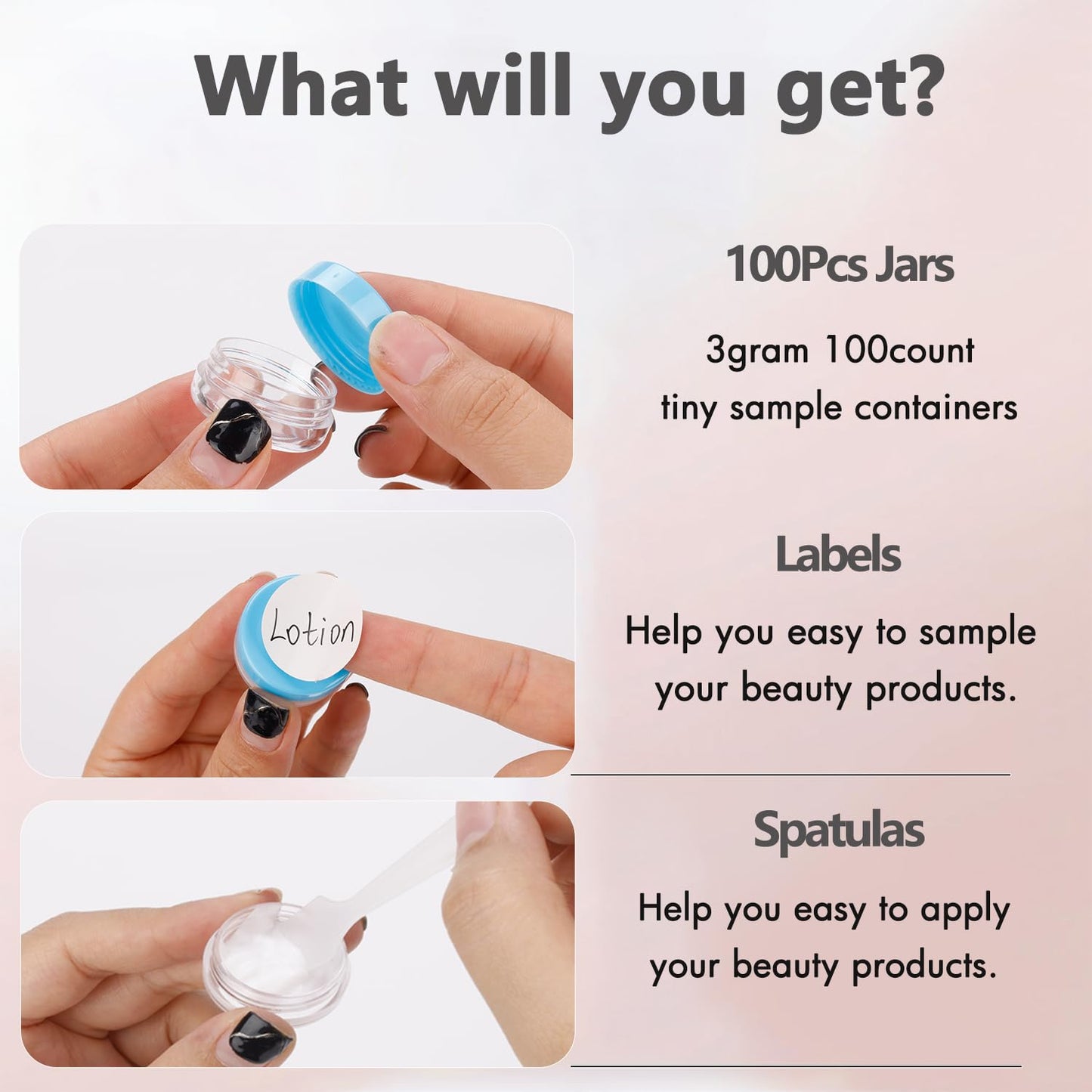 3 Gram Sample Containers with Lids, 100 Count Tiny Sample Jars, Empty Lip Balm Containers, Mini Cosmetic Container with Lids, Makeup Travel Container with Labels, Mini Disposable Spatulas