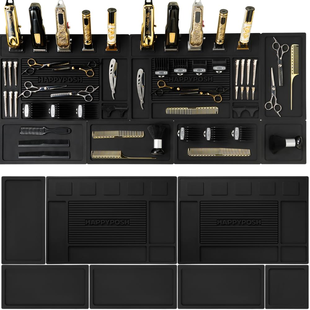 HAPPYPOSH Magnetic Barber Mats for Clippers, 7-Piece Modular Barber Station Organizer, Extra Large Barber Workstation Mat with 10 Strong Magnets, Non-Slip Professional Barber Tool Organizer