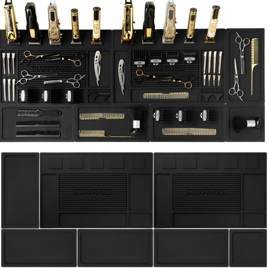 HAPPYPOSH Magnetic Barber Mats for Clippers, 7-Piece Modular Barber Station Organizer, Extra Large Barber Workstation Mat with 10 Strong Magnets, Non-Slip Professional Barber Tool Organizer