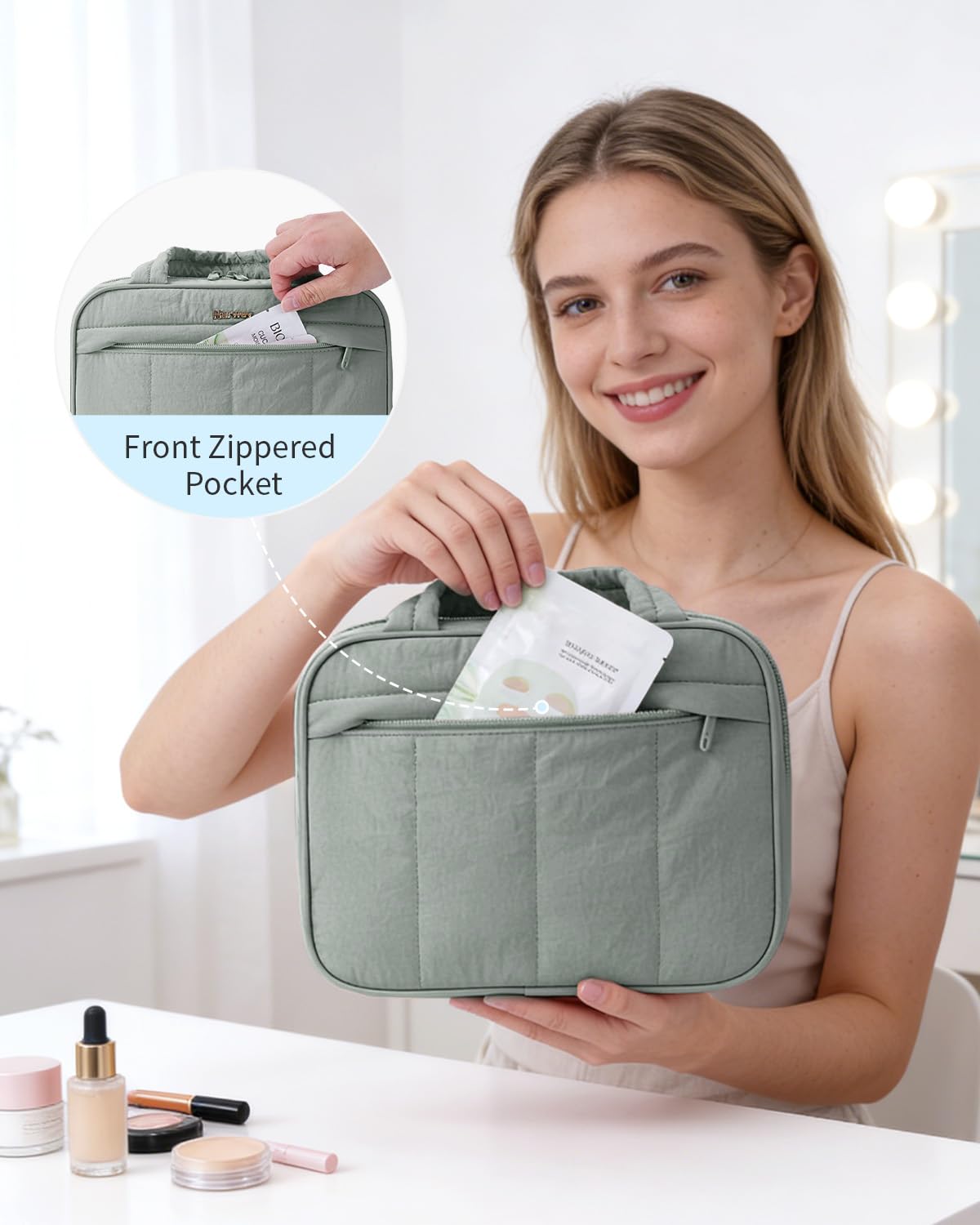 Narwey Hanging Travel Toiletry Bag for Women, Quilted Makeup Bag Organizer with Handle, Travel Bathroom Bag, Portable Toiletries Bag for Essentials, Accessories, Brushes, Cosmetics (Sage Green)
