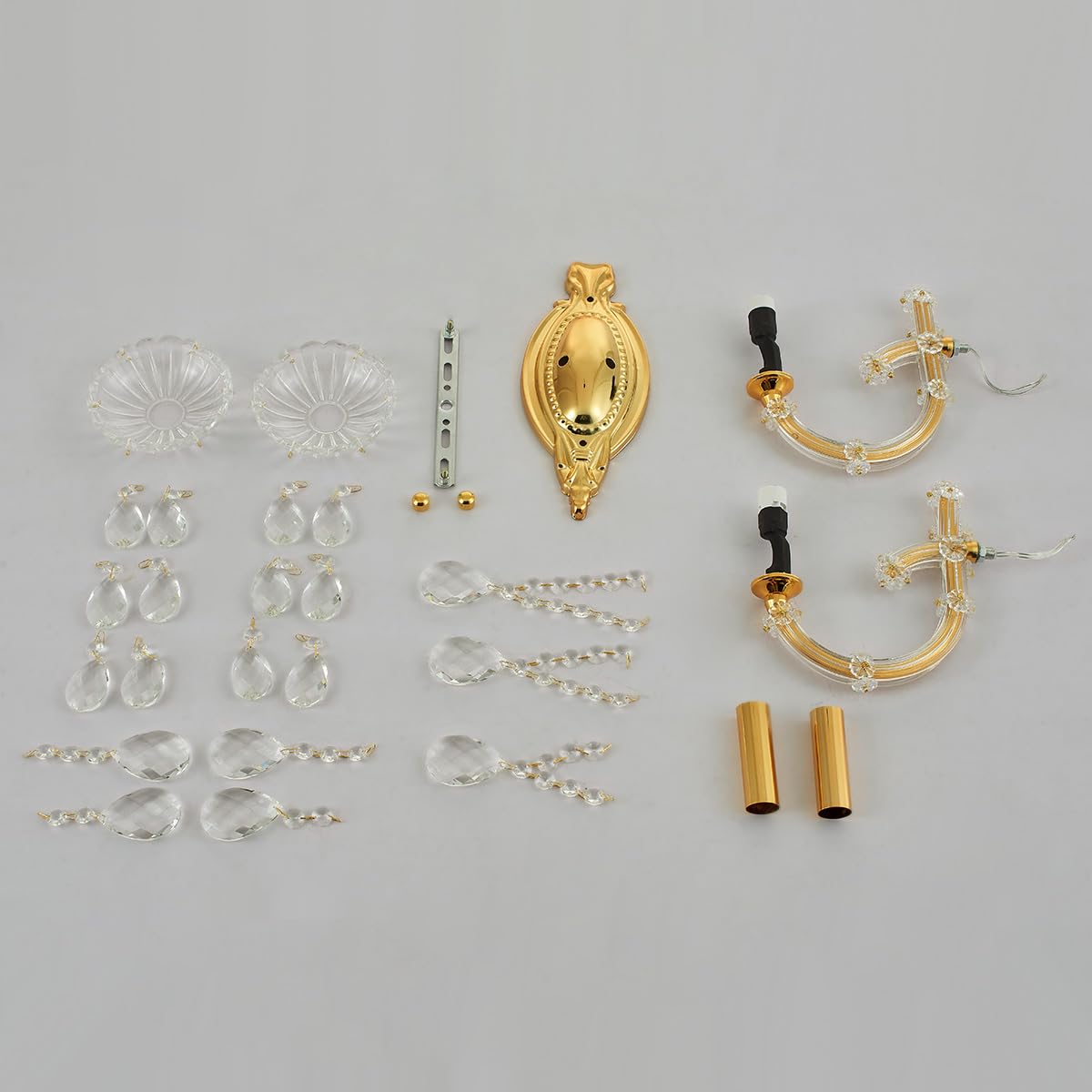 YLONG-ZS Gold Traditional Crystal Wall Sconce, 2-Light Candle Style Vanity Lamp, Ornate Metal Frame with Glass Trim Strips, Hardwired Vintage Fixture for Bathroom Bedroom, E12 Base