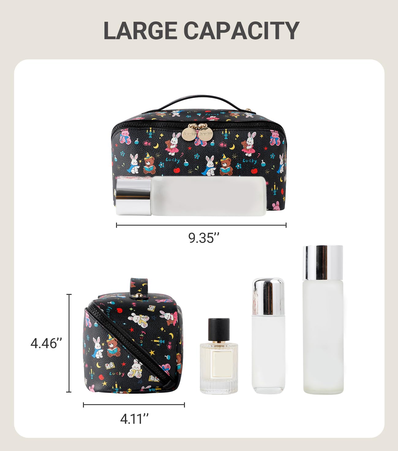 Aveniee Travel Makeup Bag for Women, Large Cosmetic Organizer with Open-Flat Design, Clear Divider & Handle - Waterproof PU Leather Toiletry Case (BunnyPattern)