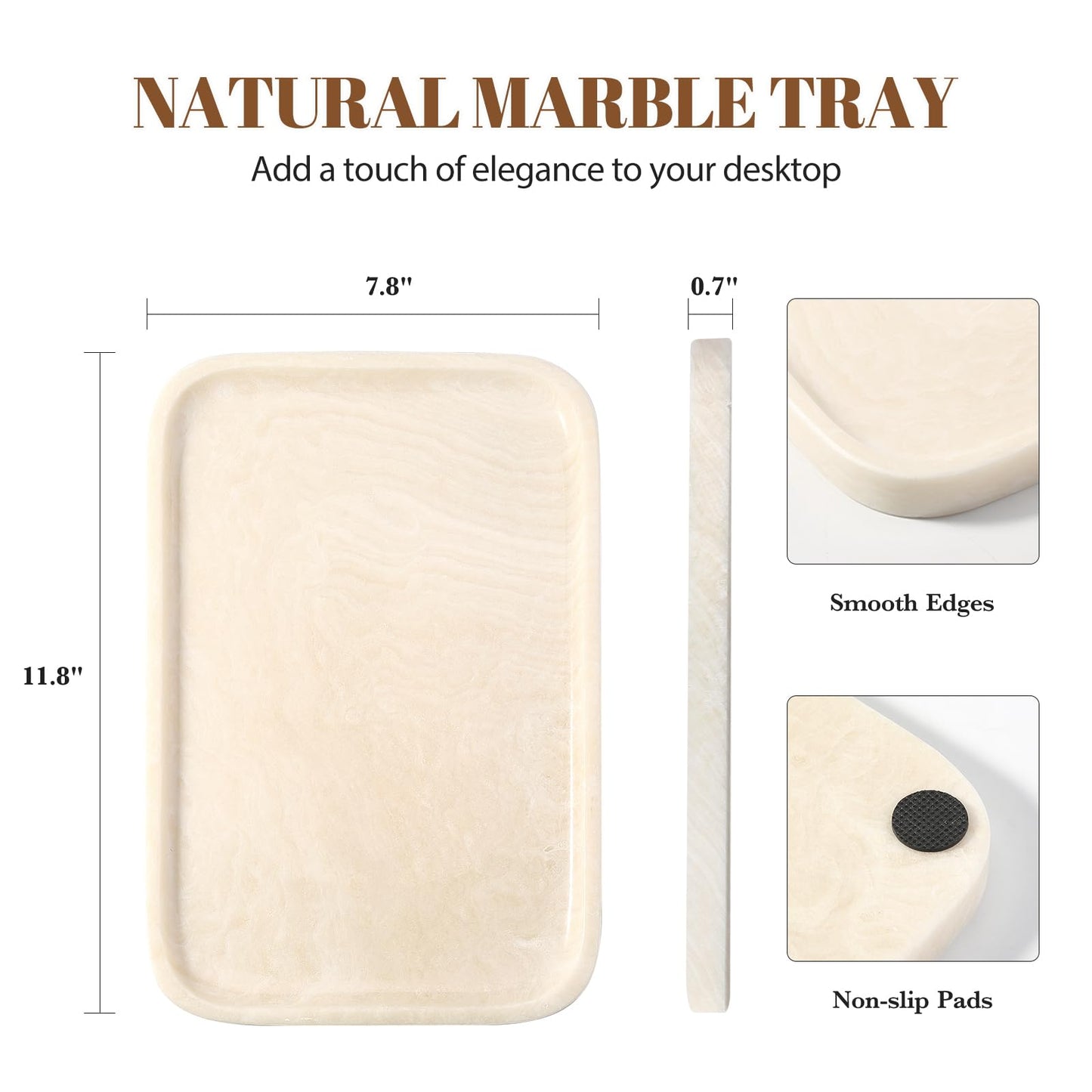 Koville Marble Tray, 12"x8" Marble Vanity Tray for Countertop Bathroom Kitchen Dresser, Decorative Catchall Trays for Perfume Jewelry, Rectangular Stone Serving Tray(Navona)
