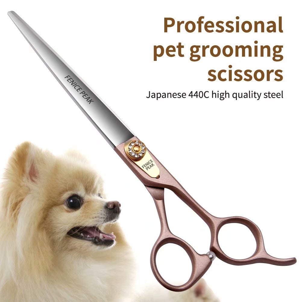 Fenice Peak 7'' Dog Straight Scissors for Grooming 440C Stainless Steel Rose Gold Professional Pet Trimming Scissors Sharp Blades Cutting for Dogs and Cats Shears