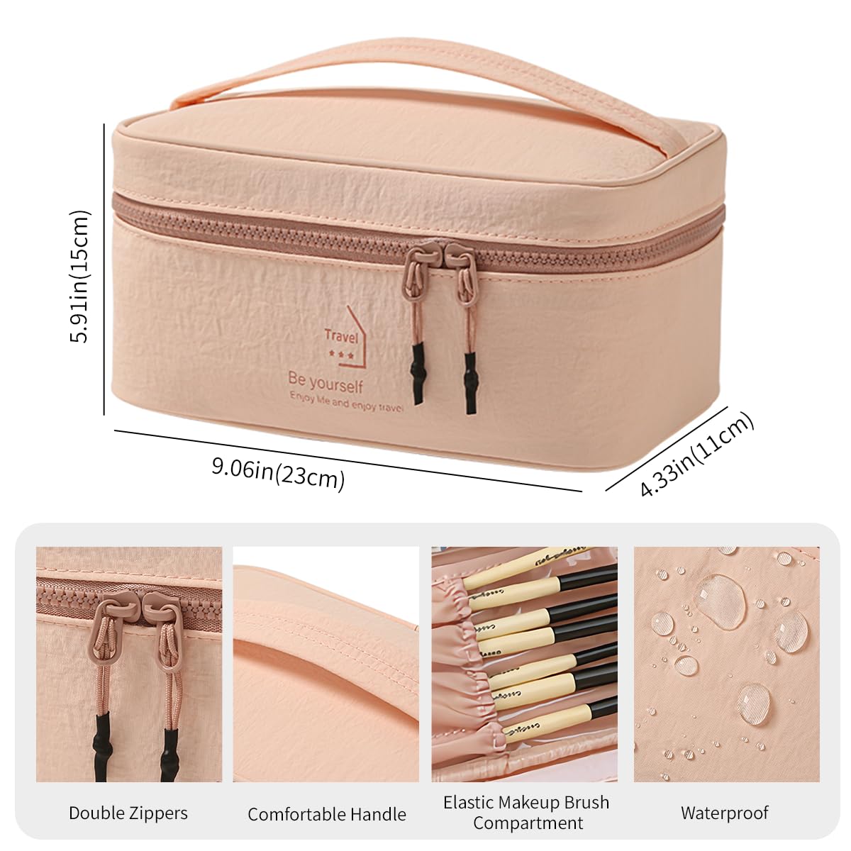 PLOPONOM Makeup Bag Large Capacity Travel Toiletry Bag,Double zipper Cosmetic Bag with Handle,Pink Women's Travel Makeup Organizer,Cute Lightweight Makeup Pouch,Portable Skincare Storage Bag
