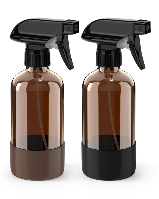 Bontip Glass Spray Bottle with Silicone Sleeve Protection, Amber Glass Spray Bottle Set for Window Cleaner Aromatherapy Facial Hydration Watering Flowers Hair Care 2 Pack/8 oz (Black & Brown)