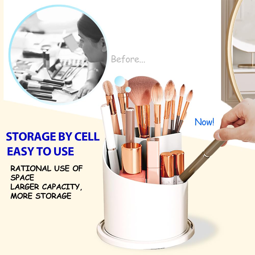 JIANGLAI Makeup Brush Holder with Lid, 360 Rotating Multifunction Clear Dustproof Skincare Cosmetic Tools Storage Organizer for Vanity Desktop Bathroom Countertop (White)