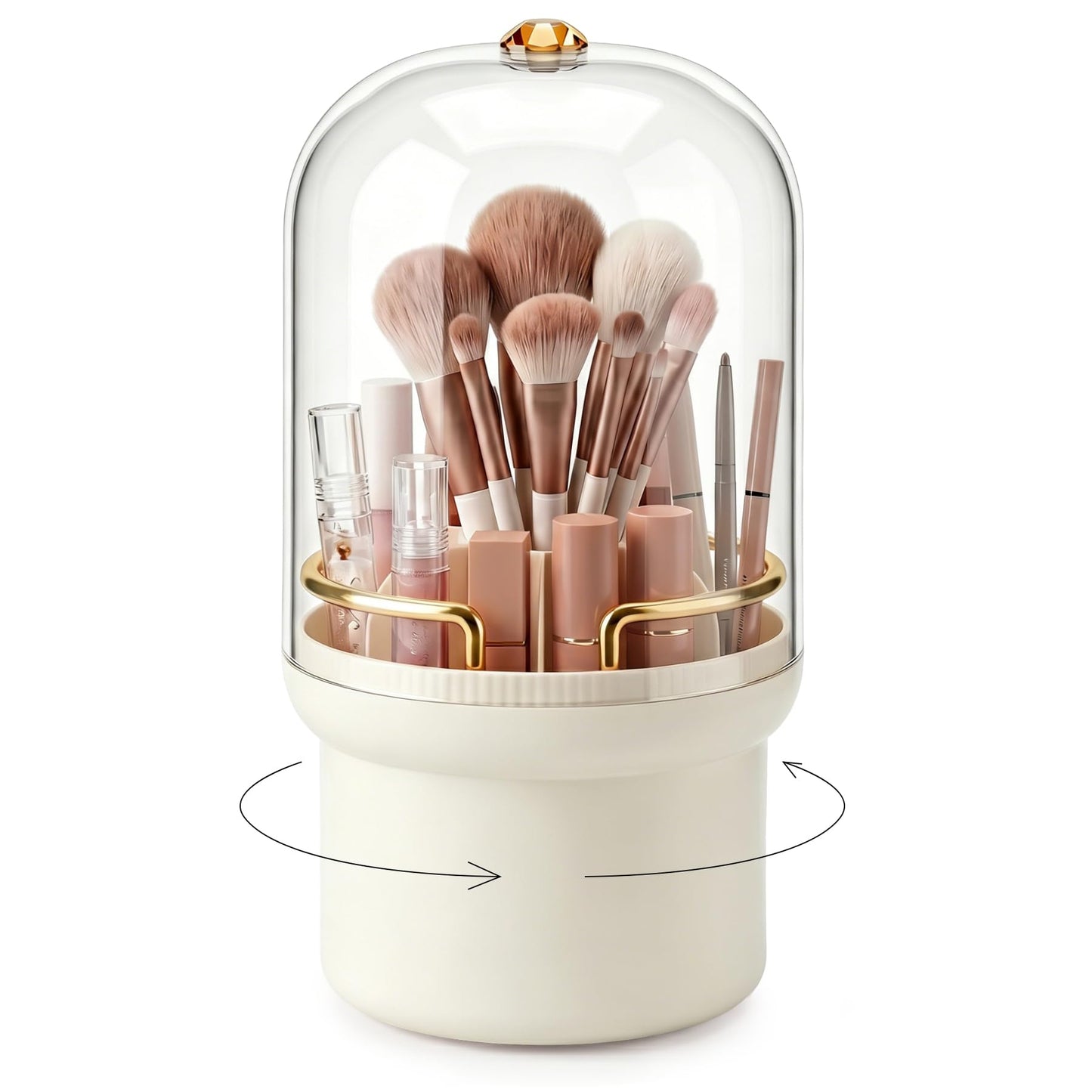 Makeup Brush Holder, 360° Rotating Cosmetic Display Cases with Clear Lid, Bathroom Countertop Organizer for Vanity, Waterproof Toothbrush Holders for Make Up Brushes, Toothpaste, Lip Gloss (Cream)