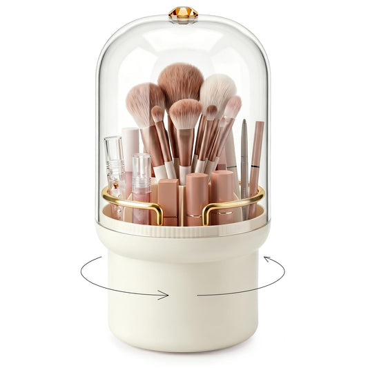 Makeup Brush Holder, 360° Rotating Cosmetic Display Cases with Clear Lid, Bathroom Countertop Organizer for Vanity, Waterproof Toothbrush Holders for Make Up Brushes, Toothpaste, Lip Gloss (Cream)