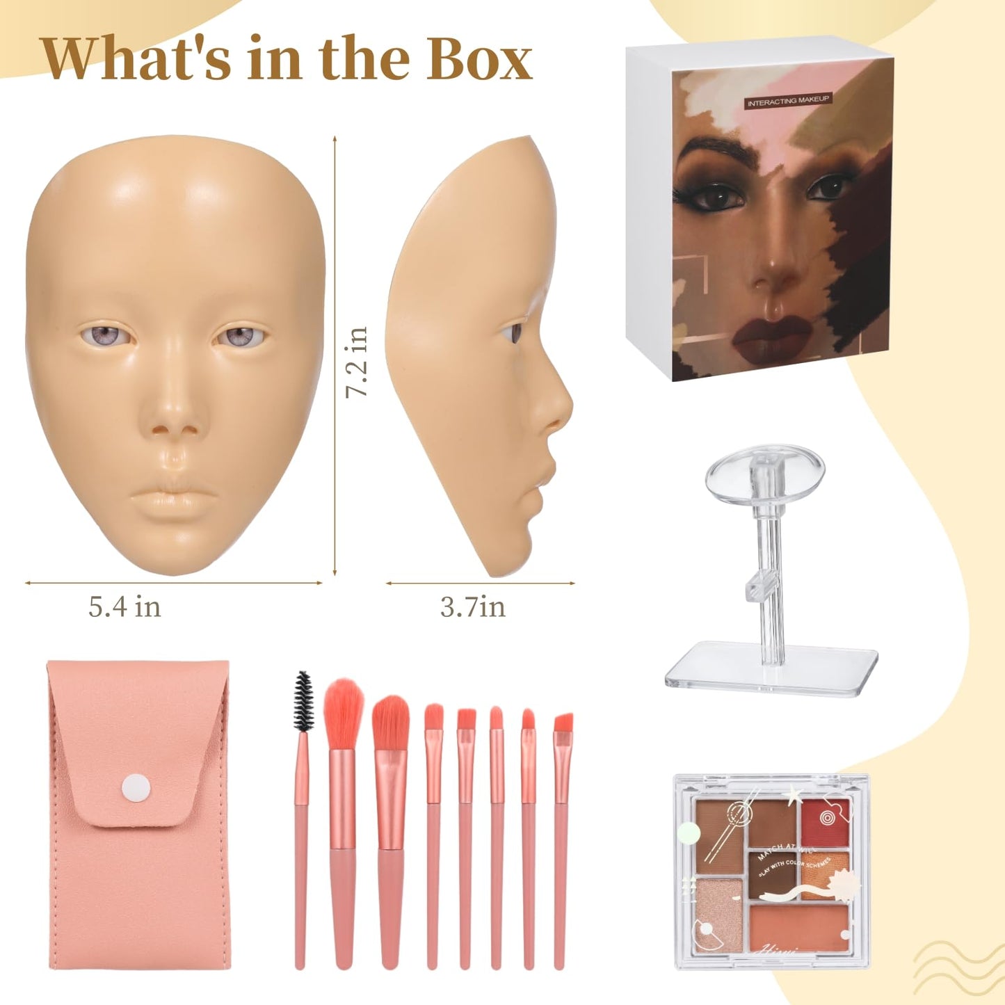Makeup Practice Face Set, Including Silicone Mannequin Face with Stand, 7-Color Eye Shadow Palette, and 8 Makeup Brushes