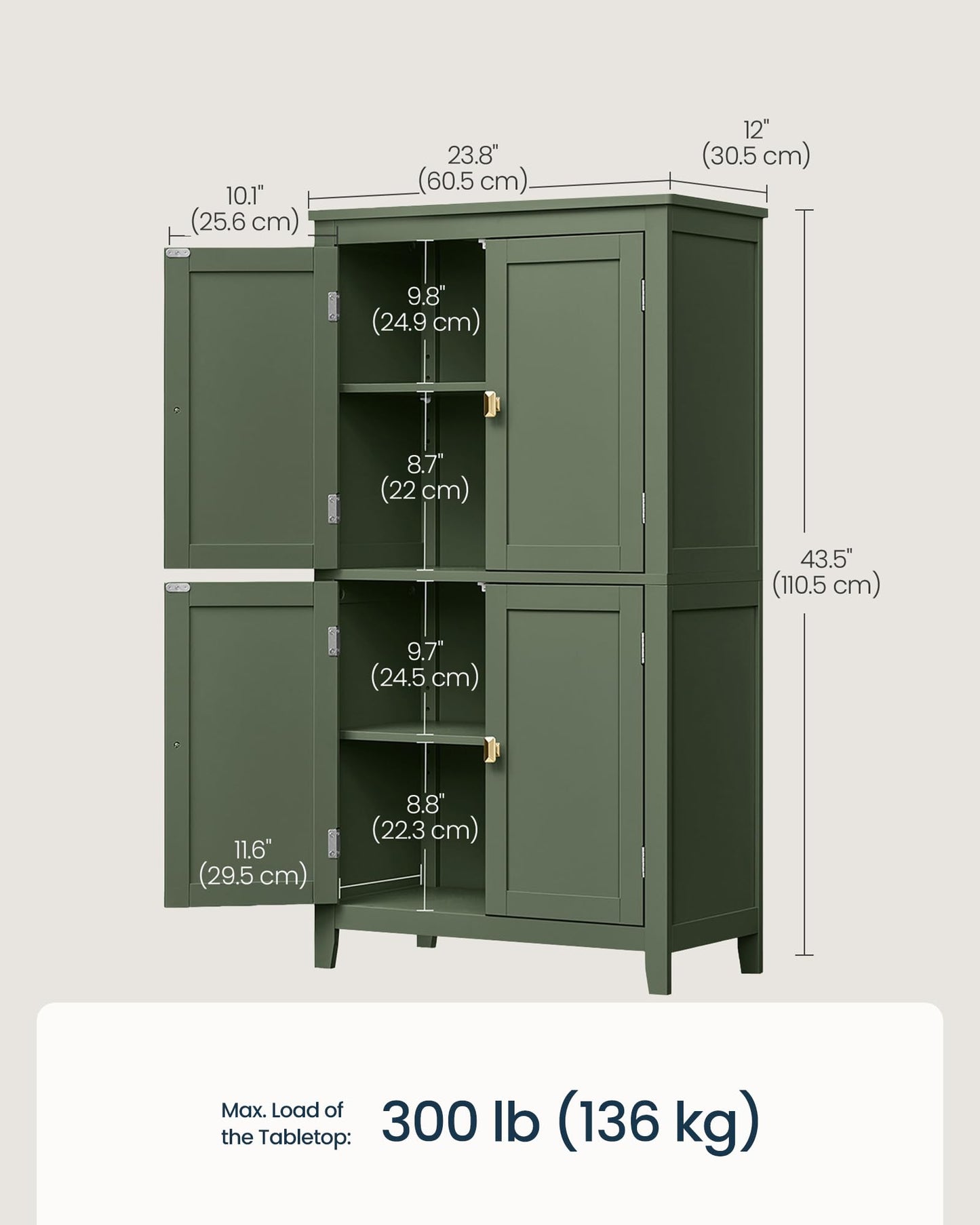SONGMICS HOME Freestanding Storage Cabinet, Floor Cabinet with Elevated Legs, Metal Handles, for Living Room, Kitchen, Bathroom, Green