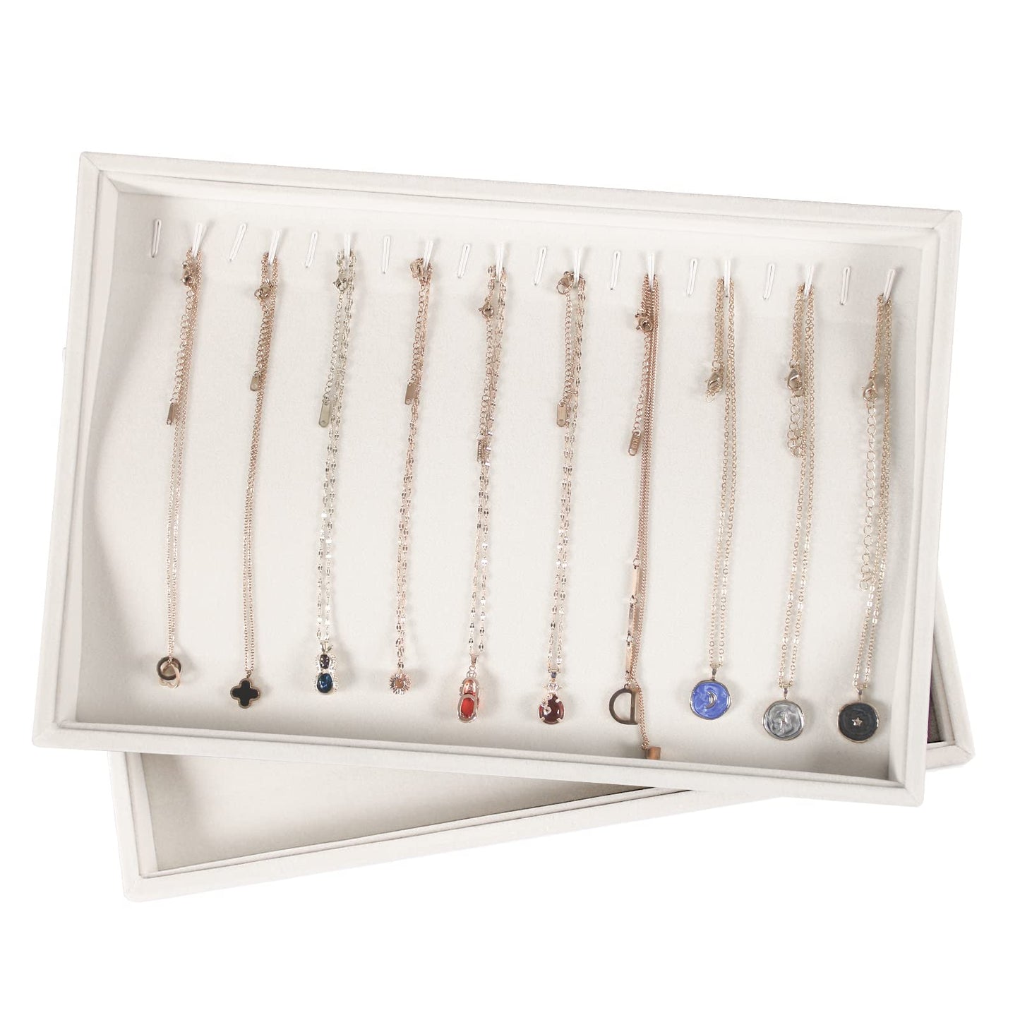 Coward Set of 2 Stackable Necklace Holder Organizer Tray Velvet Necklace Display Stand for Selling Jewelry Box Case for Storage (beige(necklace+necklace))